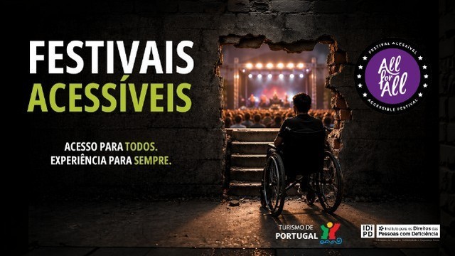  Campanha Festivais Acessíveis. Acesso para todos. Pessoa em cadeira de rodas e selo All for All.
