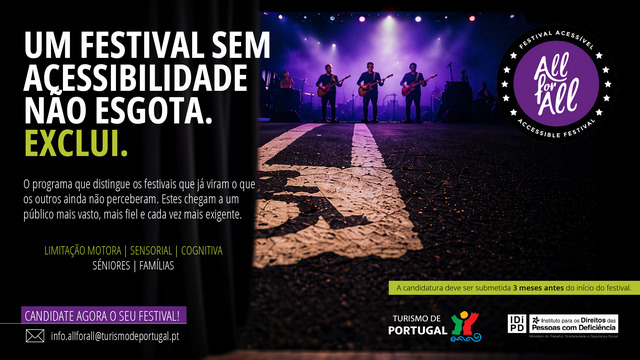 Campanha Festivais Acessíveis. Um festival sem acessibilidade exclui. Selo All for All em destaque.