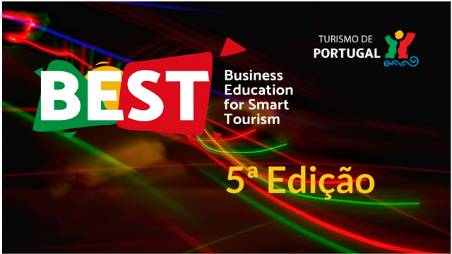BEST: business education for smart tourism. 5.ª edição. logo turismo de portugal sobre fundo escuro e linhas verdes e vermelhas
