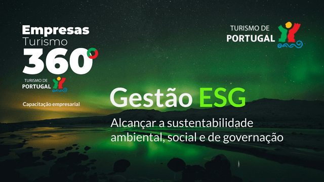 gestão esg. Logos empresas turismo 360º e turismo de portugal em fundo com aurora boreal
